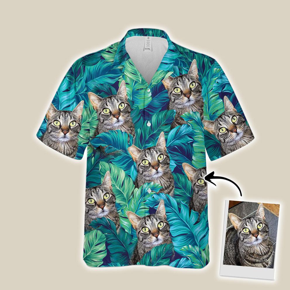 Customized Hawaiian Shirt With Pet Face - Turquoise And Blue Tropical Leaves Pattern Aloha Shirt, Pet Face Shirt - Personalized Gift For Pet Lovers - Amzanimalsgift