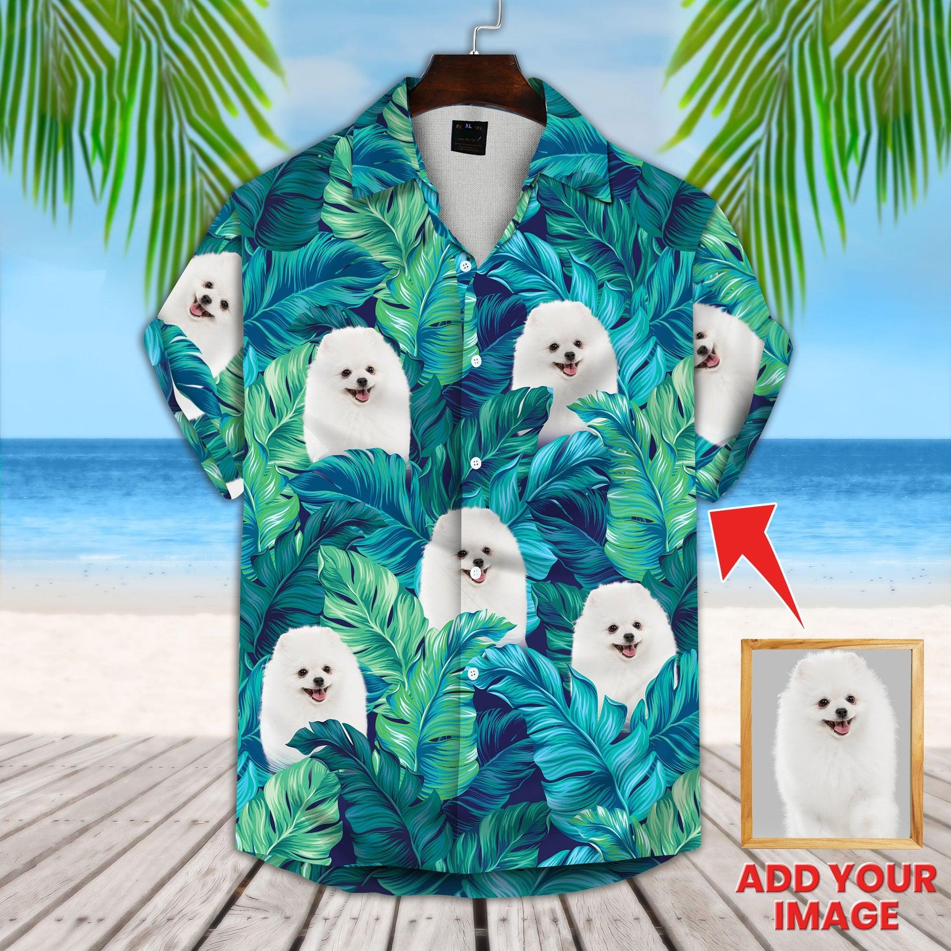 Customized Hawaiian Shirt With Pet Face - Turquoise And Blue Tropical Leaves Pattern Aloha Shirt, Pet Face Shirt - Personalized Gift For Pet Lovers - Amzanimalsgift