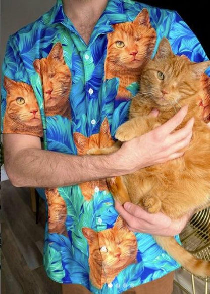Customized Hawaiian Shirt With Pet Face - Turquoise And Blue Tropical Leaves Pattern Aloha Shirt, Pet Face Shirt - Personalized Gift For Pet Lovers - Amzanimalsgift