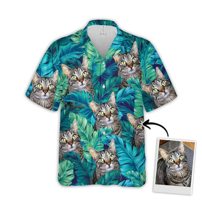 Customized Hawaiian Shirt With Pet Face - Turquoise And Blue Tropical Leaves Pattern Aloha Shirt, Pet Face Shirt - Personalized Gift For Pet Lovers - Amzanimalsgift