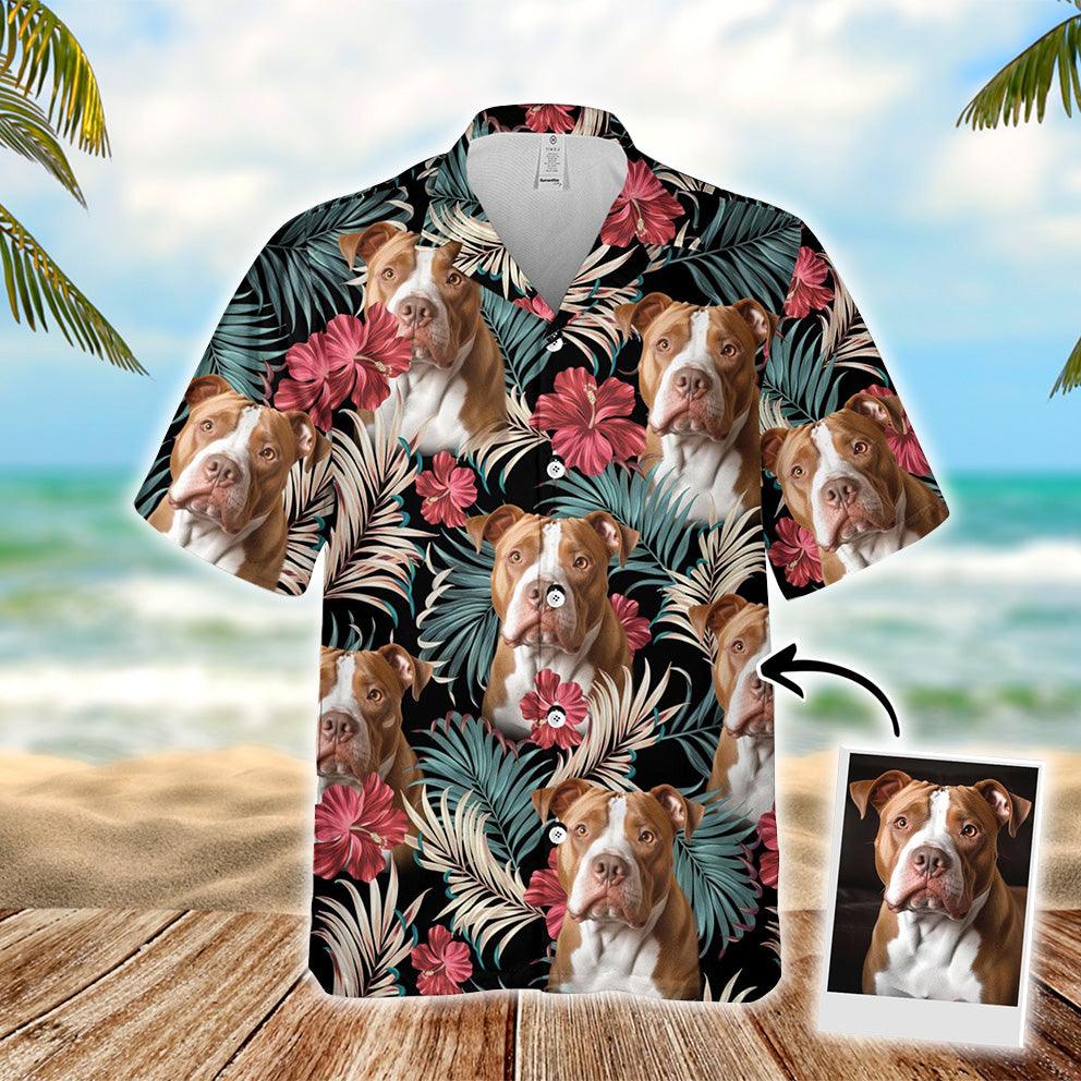 Customized Hawaiian Shirt With Pet Face - Vintage Beautiful Hibiscus And Palms Dark Emerald Color Aloha Shirt, Pet Dog Shirts - Gift For Pet Lovers - Amzanimalsgift