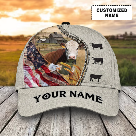Customized Hereford Cattle Caps Hat, Hereford Cow Patriotic Eagle White Caps, Best Hat For Men Women July 4th