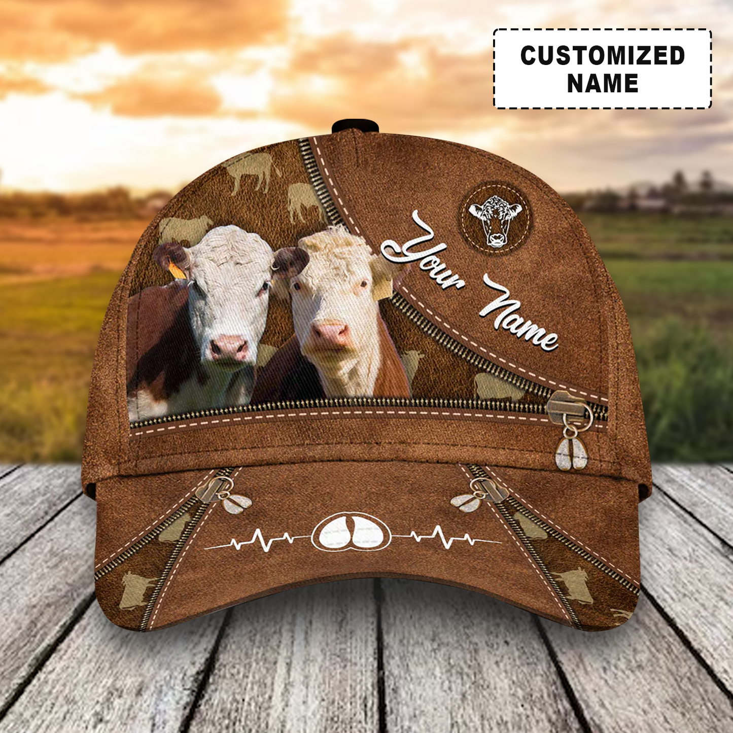 Customized Hereford Cattle Caps, Hereford Cow Heart Line Zipper Pattern Brown Hats, Best Farm Hat For Men Women Farmer