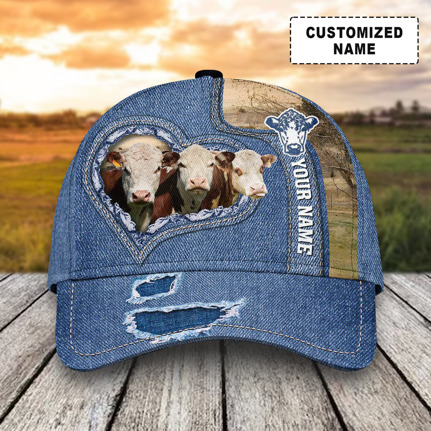 Customized Hereford Cattle Cow Caps, Hereford And Denim Pattern Hats, Best Farm Hat For Men Women Farmer