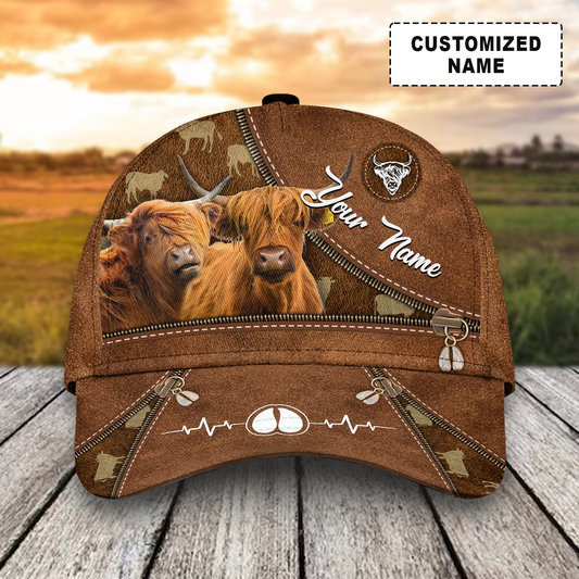 Customized Highland Cattle Caps, Highland Cow Heart Line Zipper Pattern Brown Hats, Best Farm Hat For Men Women Farmer