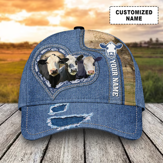 Customized Black Baldy Cattle Cow Caps, Black Baldy And Denim Pattern Hats, Best Dairy Farm Hat For Men Women Farmer