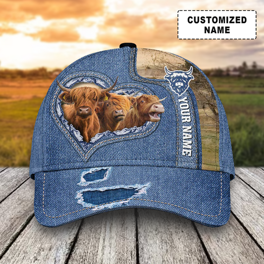Customized Highland Cattle Cow Caps, Highland Cattle And Denim Pattern Hats, Best Dairy Farm Hat For Men Women Farmer