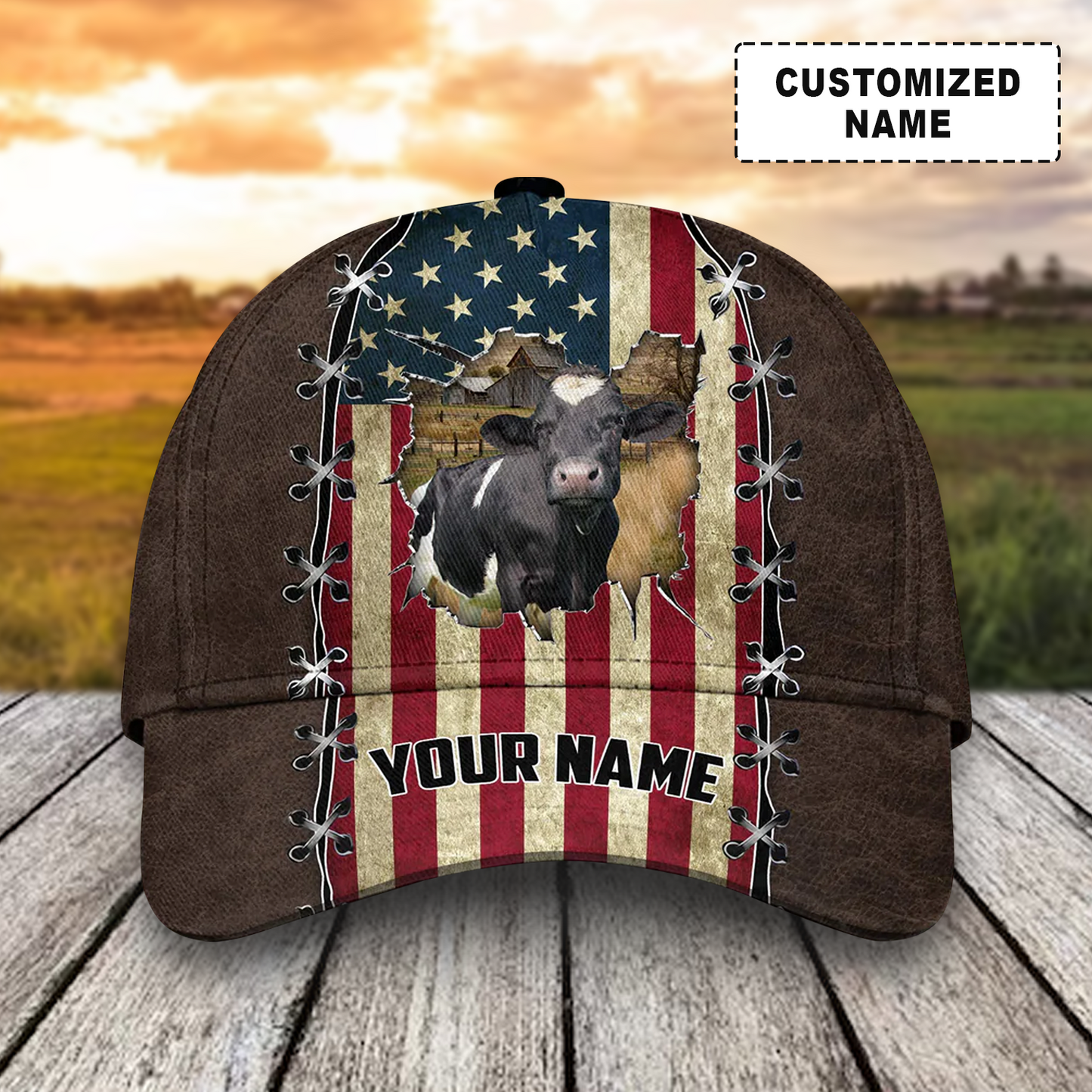 Customized Holstein Friesian Cattle Caps Hat, Holstein Cattle And American Flag Hats, Farm Hat For Men Women July 4th