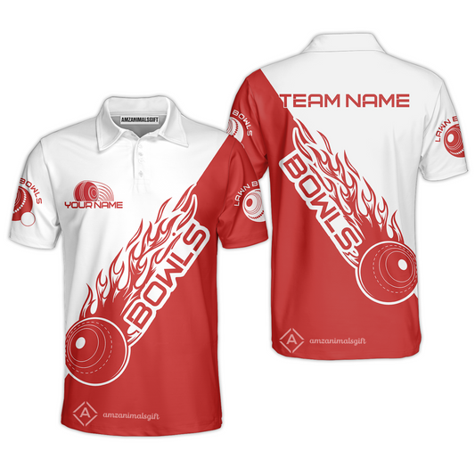 Customized Lawn Bowls Team Polo Shirt, Flaming Red & White Lawn Bowls Polo Shirt Custom Name For Players