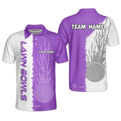 Customized Lawn Bowls Team Polo Shirt, Geometric And Bowls With Flames Polo Shirt Custom Name For Players