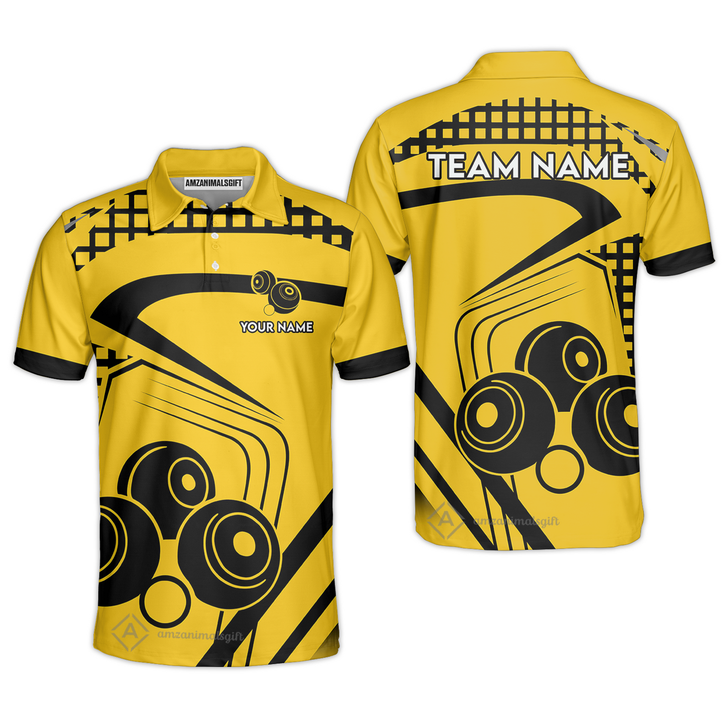Customized Lawn Bowls Team Polo Shirt, Yellow And Black Slash Pattern Polo Shirt Custom Name Team Name For Players