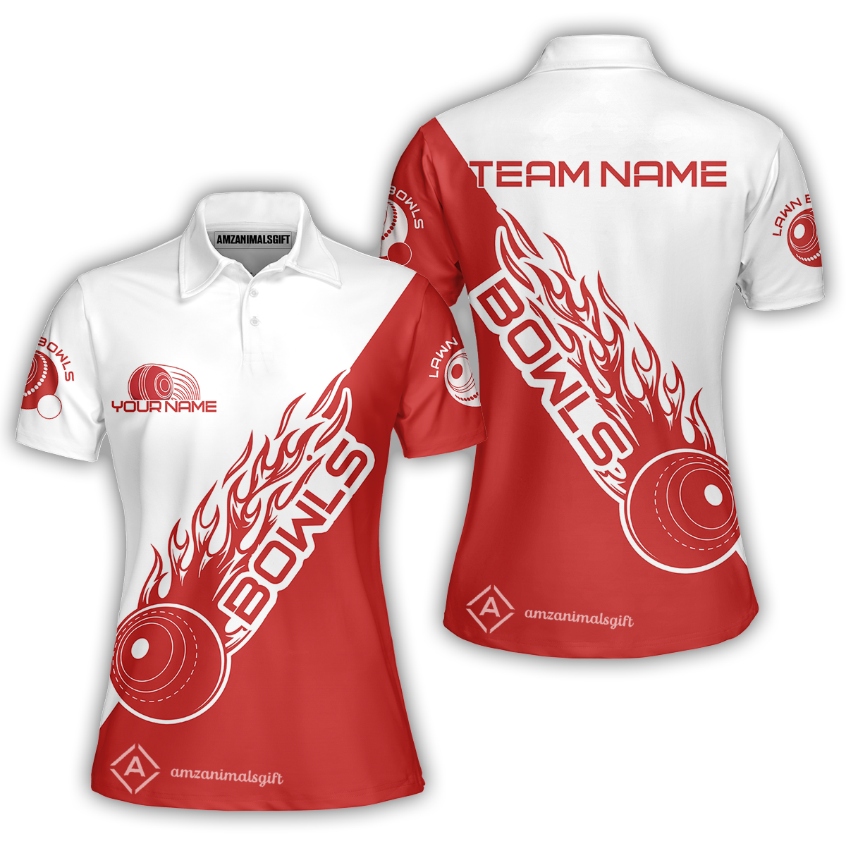 Customized Lawn Bowls Team Polo Shirt, Flaming Red & White Lawn Bowls Polo Shirt Custom Name For Players