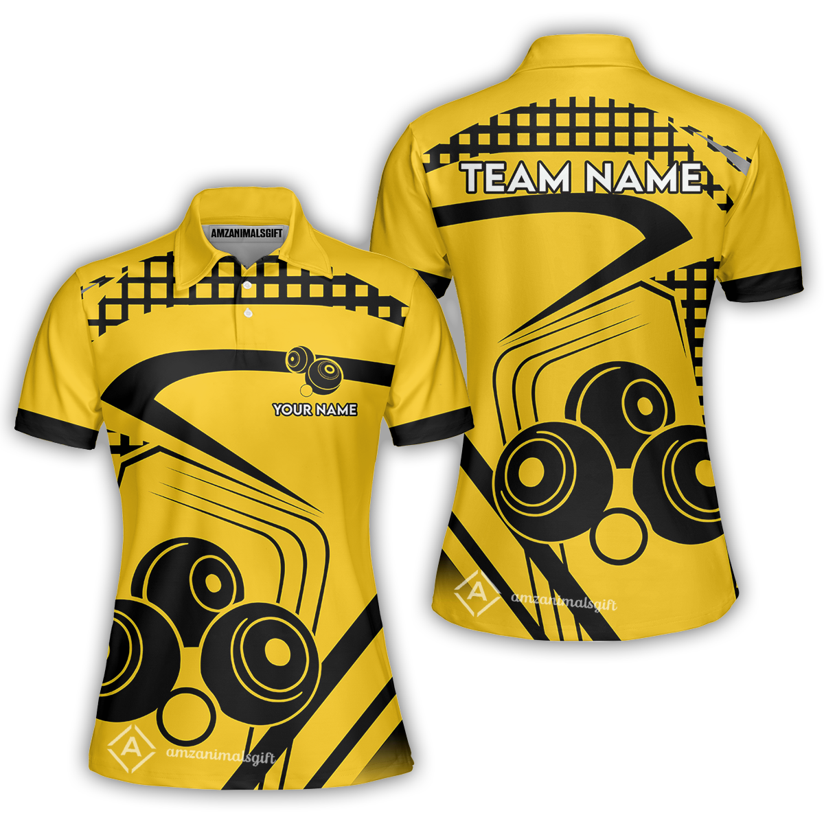 Customized Lawn Bowls Team Polo Shirt, Yellow And Black Slash Pattern Polo Shirt Custom Name Team Name For Players