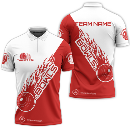 Customized Lawn Bowls Team Polo Shirt, Flaming Red & White Lawn Bowls Polo Shirt Custom Name For Players