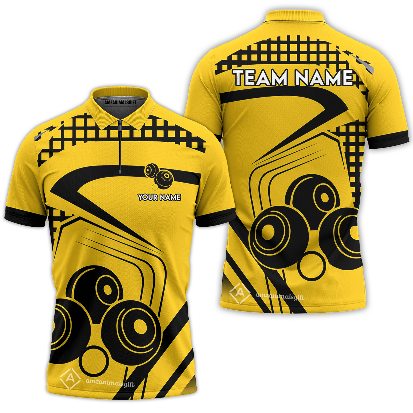 Customized Lawn Bowls Team Polo Shirt, Yellow And Black Slash Pattern Polo Shirt Custom Name Team Name For Players