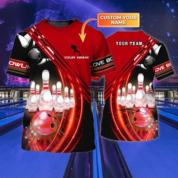 Customized Name 3D Bowling T Shirt, Personalized With Name Red Bowling T Shirts, Bowling Team Shirts Uniform - Perfect Gift For Bowling Lovers - Amzanimalsgift