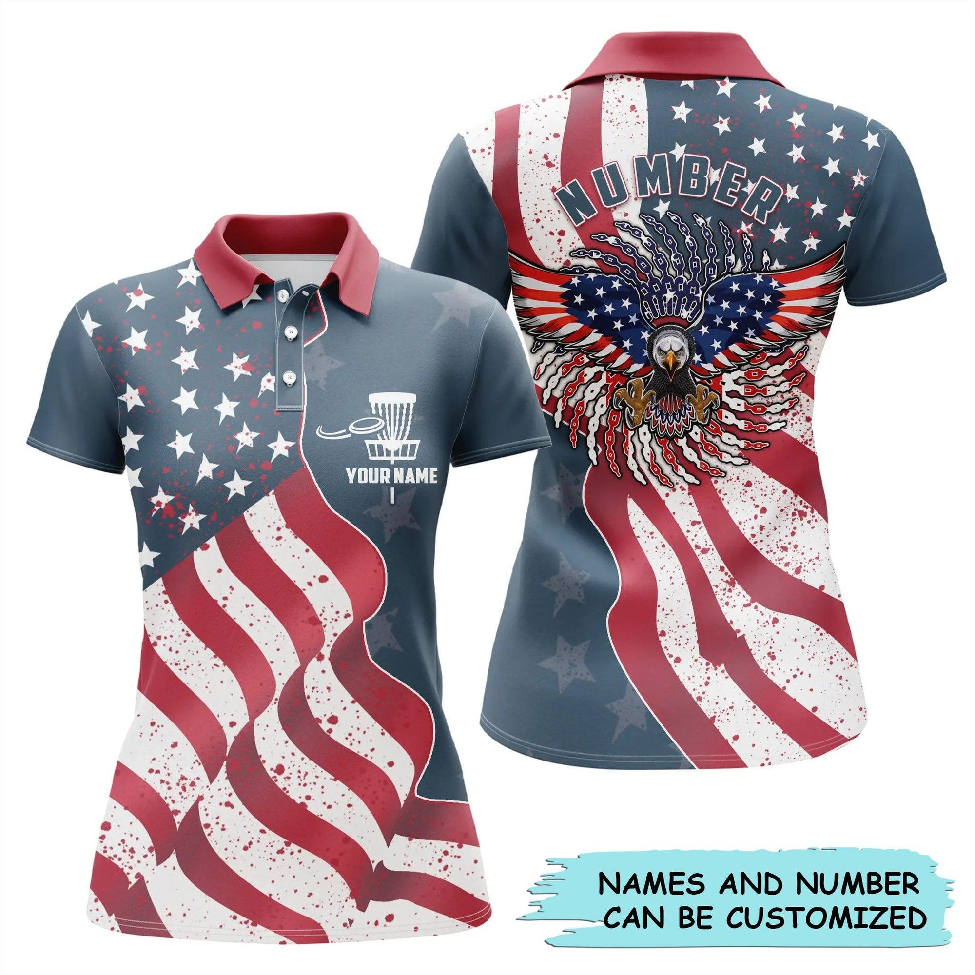 Customized Name And Number Disc Golf Women Polo Shirt - Personalized Eagle American Flag Disc Golf For Ladies - Perfect Gift For Disc Golf Lovers - Amzanimalsgift