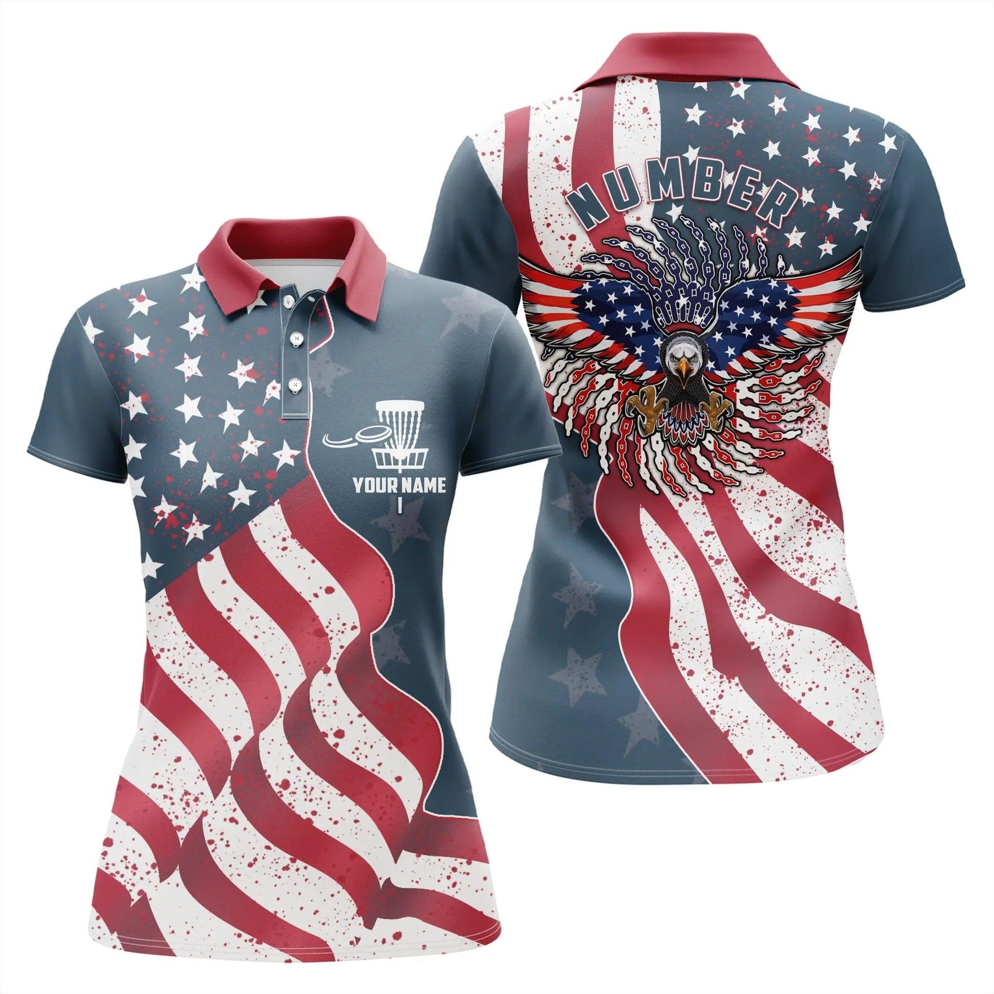 Customized Name And Number Disc Golf Women Polo Shirt - Personalized Eagle American Flag Disc Golf For Ladies - Perfect Gift For Disc Golf Lovers - Amzanimalsgift