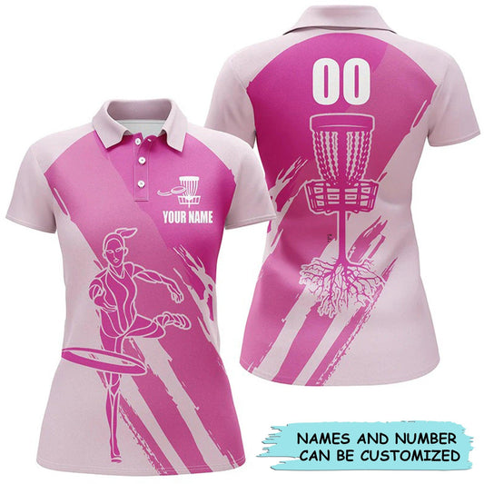 Customized Name And Number Disc Golf Women Polo Shirts, Personalized Ladies Disc Golf Polo Shirts Pink - Perfect Gift For Disc Golf Lovers - Amzanimalsgift