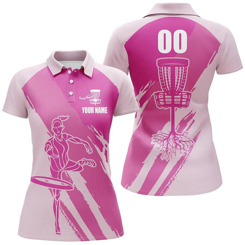 Customized Name And Number Disc Golf Women Polo Shirts, Personalized Ladies Disc Golf Polo Shirts Pink - Perfect Gift For Disc Golf Lovers - Amzanimalsgift