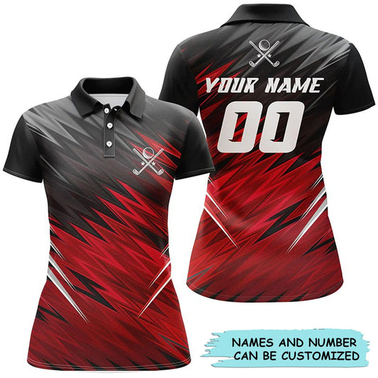 Customized Name And Number Golf Women Polo Shirts, Personalized Black And Red Lightning Team Golf Shirts - Perfect Gift For Ladies, Golf Lovers, Golfers - Amzanimalsgift