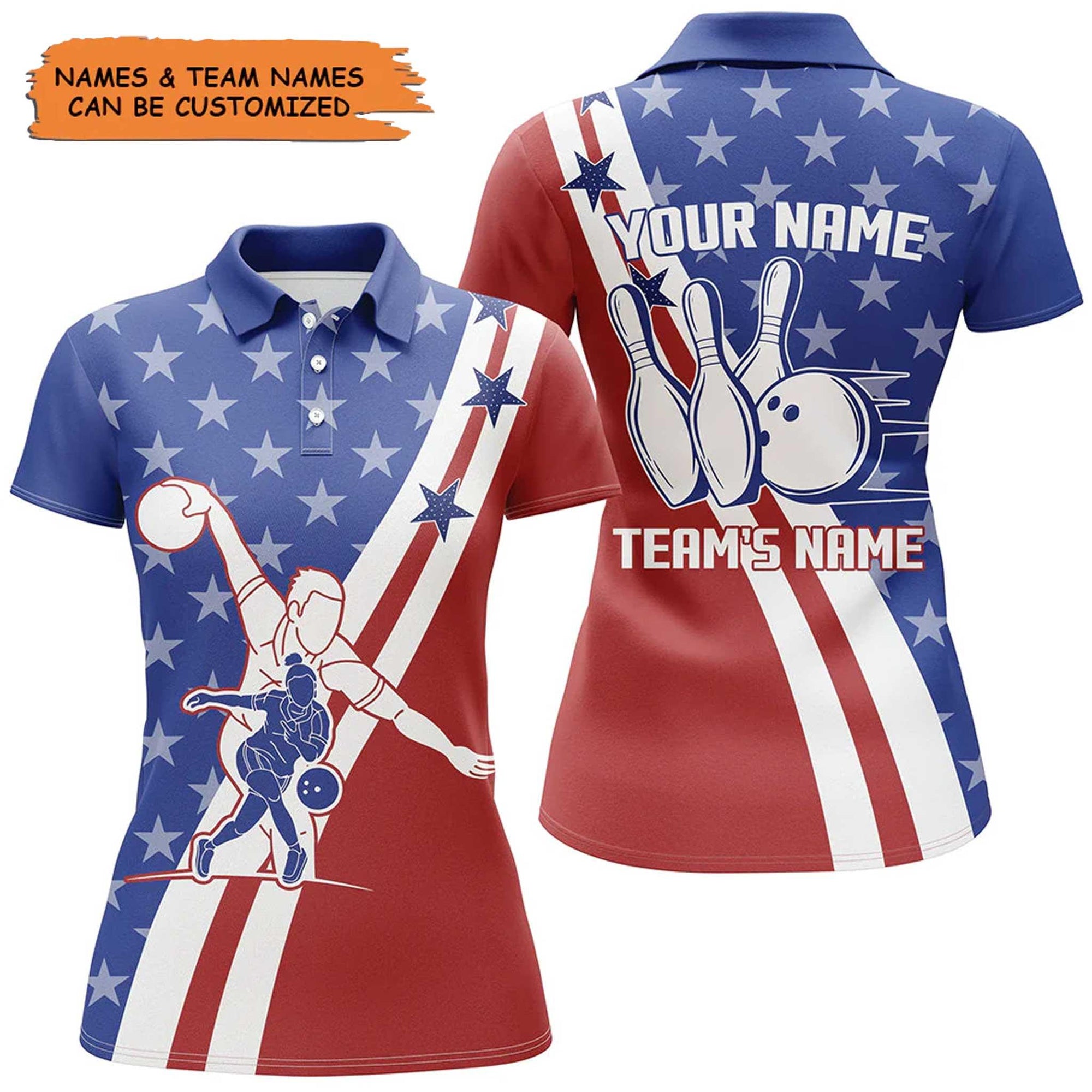 Customized Name & Team Bowling Women Polo Shirt - Blue Red Pattern Personalized American Flag Polo Shirt - Gift For Lady, Family, Bowling Lovers - Amzanimalsgift