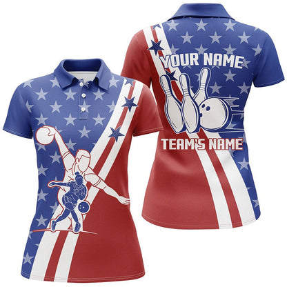 Customized Name & Team Bowling Women Polo Shirt - Blue Red Pattern Personalized American Flag Polo Shirt - Gift For Lady, Family, Bowling Lovers - Amzanimalsgift