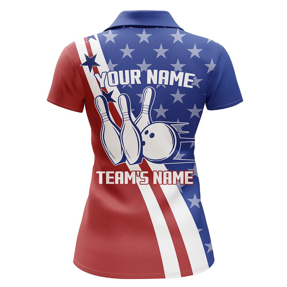 Customized Name & Team Bowling Women Polo Shirt - Blue Red Pattern Personalized American Flag Polo Shirt - Gift For Lady, Family, Bowling Lovers - Amzanimalsgift