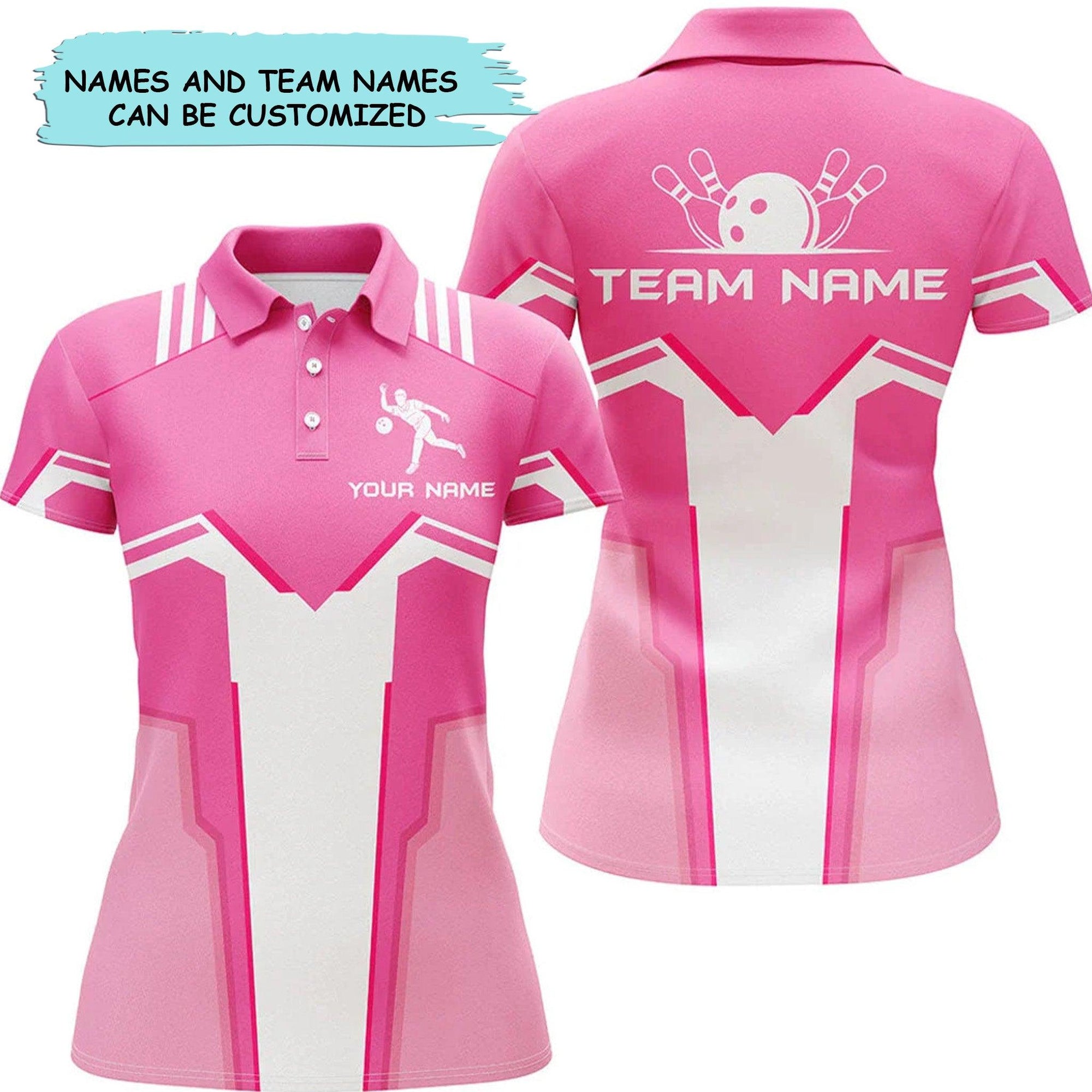 Customized Name And Team Name Bowling Women Polo Shirt, Pink White Personalized - Gift Sport For Mother's Day, Women, Team Bowlers - Amzanimalsgift