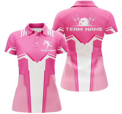 Customized Name And Team Name Bowling Women Polo Shirt, Pink White Personalized - Gift Sport For Mother's Day, Women, Team Bowlers - Amzanimalsgift