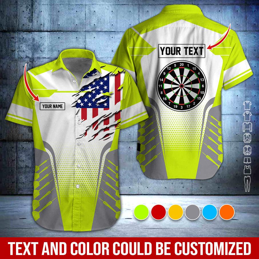 Customized Name & Text Darts Hawaiian Shirt, American Flag Personalized Dartboard Hawaiian Shirts - Gift For Darts Lovers, Darts Players Uniforms - Amzanimalsgift