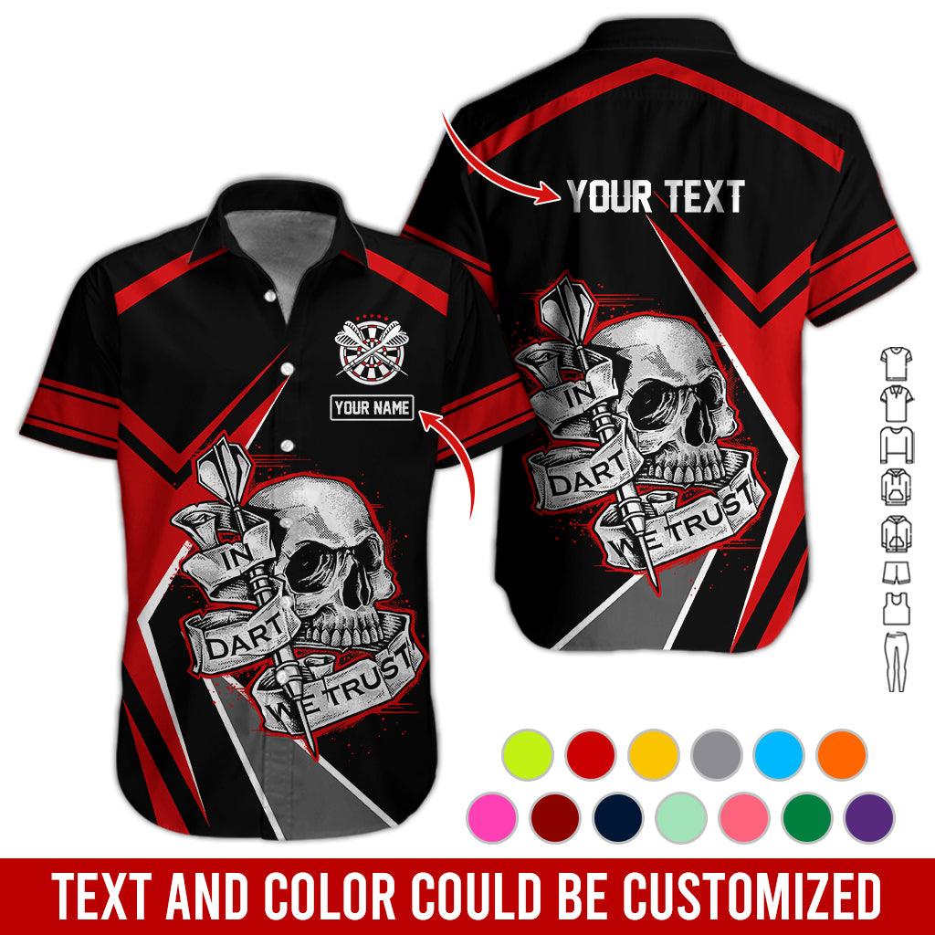 Customized Name & Text Darts Hawaiian Shirt, In Dart We Trust Personalized Darts And Skull Hawaiian Shirts - Gift For Darts Lovers, Darts Players Uniforms - Amzanimalsgift