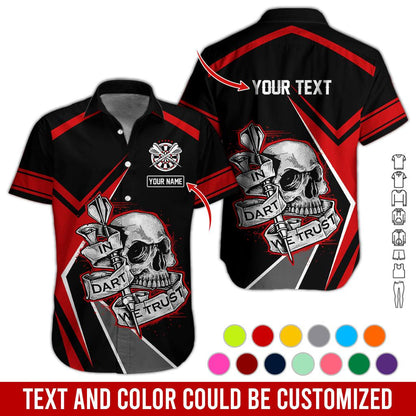Customized Name & Text Darts Hawaiian Shirt, In Dart We Trust Personalized Darts And Skull Hawaiian Shirts - Gift For Darts Lovers, Darts Players Uniforms - Amzanimalsgift