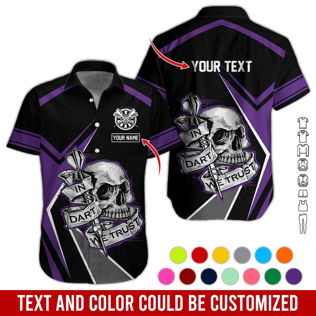 Customized Name & Text Darts Hawaiian Shirt, In Dart We Trust Personalized Darts And Skull Hawaiian Shirts - Gift For Darts Lovers, Darts Players Uniforms - Amzanimalsgift