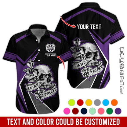 Customized Name & Text Darts Hawaiian Shirt, In Dart We Trust Personalized Darts And Skull Hawaiian Shirts - Gift For Darts Lovers, Darts Players Uniforms - Amzanimalsgift