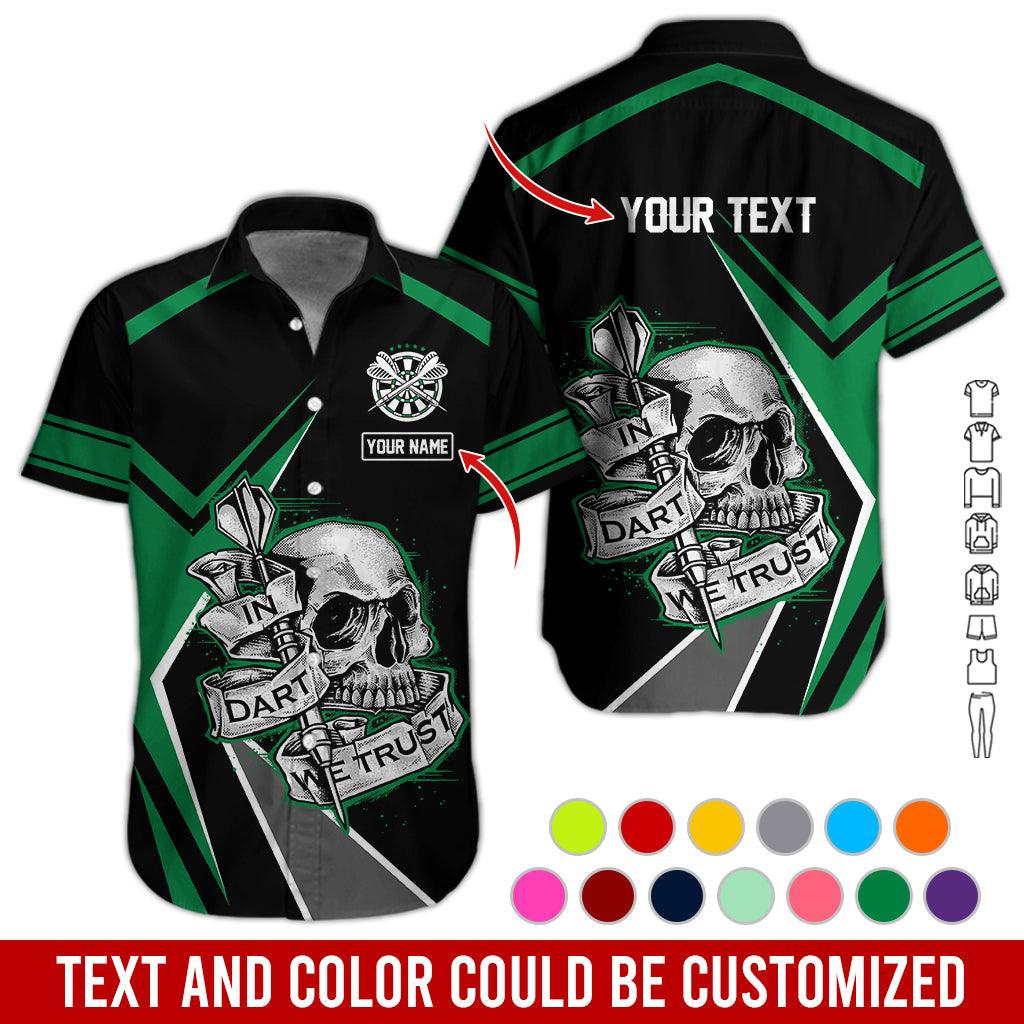 Customized Name & Text Darts Hawaiian Shirt, In Dart We Trust Personalized Darts And Skull Hawaiian Shirts - Gift For Darts Lovers, Darts Players Uniforms - Amzanimalsgift