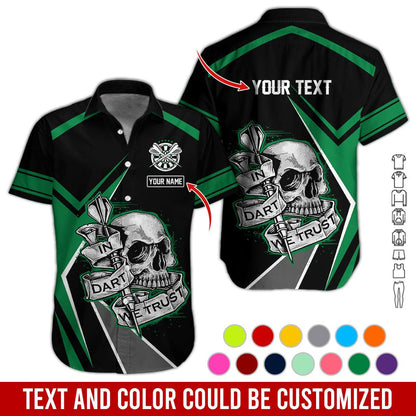Customized Name & Text Darts Hawaiian Shirt, In Dart We Trust Personalized Darts And Skull Hawaiian Shirts - Gift For Darts Lovers, Darts Players Uniforms - Amzanimalsgift