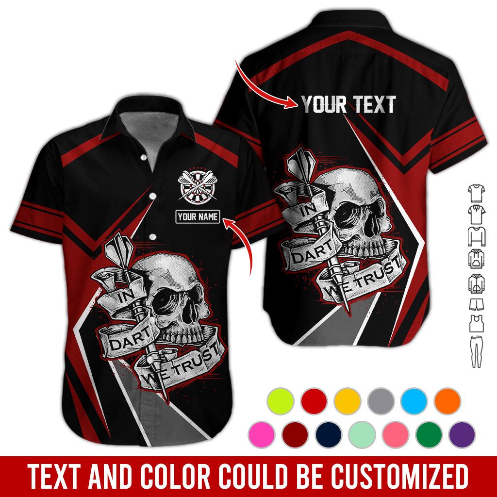 Customized Name & Text Darts Hawaiian Shirt, In Dart We Trust Personalized Darts And Skull Hawaiian Shirts - Gift For Darts Lovers, Darts Players Uniforms - Amzanimalsgift