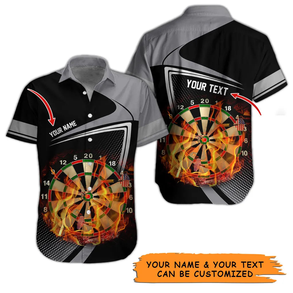 Customized Name & Text Darts Hawaiian Shirt, Personalized Dartboard Flame Hawaiian Shirts For Summer - Gift For Darts Lovers, Darts Players Uniforms - Amzanimalsgift