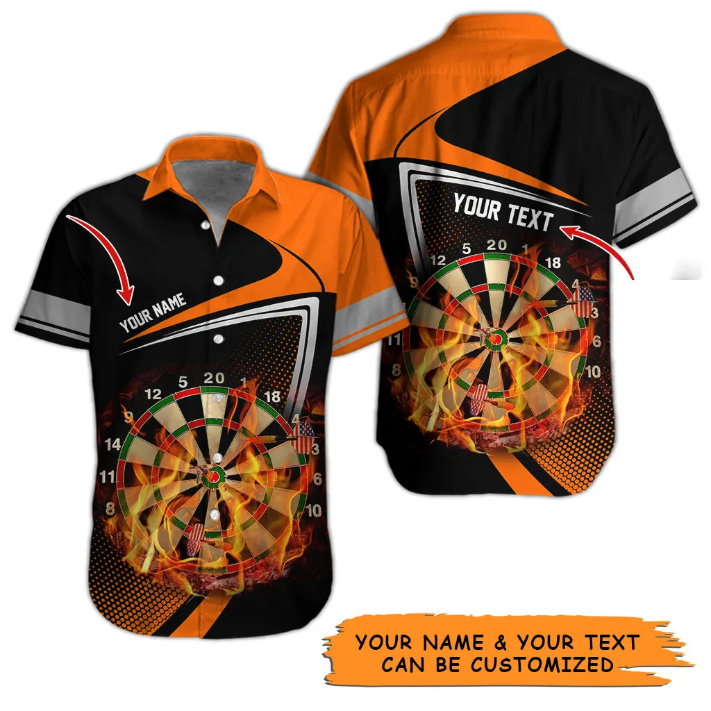 Customized Name & Text Darts Hawaiian Shirt, Personalized Dartboard Flame Hawaiian Shirts For Summer - Gift For Darts Lovers, Darts Players Uniforms - Amzanimalsgift