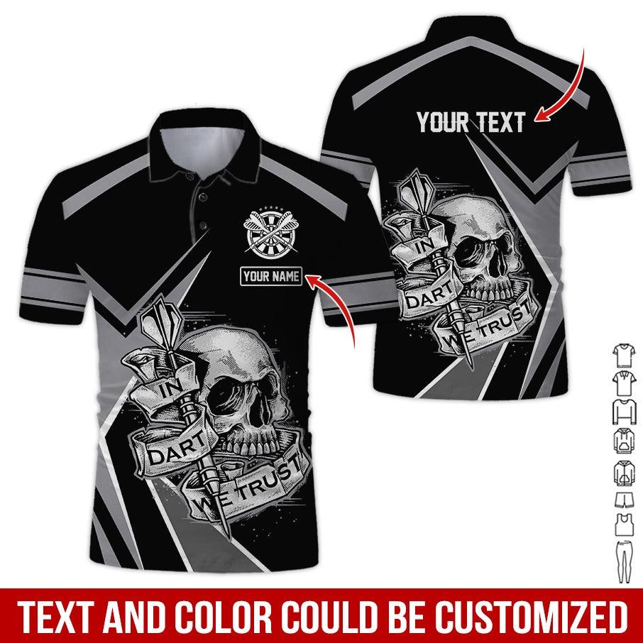 Customized Name & Text Darts Polo Shirt, Skull In Darts We Trust Personalized Darts Polo Shirt For Men - Perfect Gift For Darts Lovers, Darts Players - Amzanimalsgift