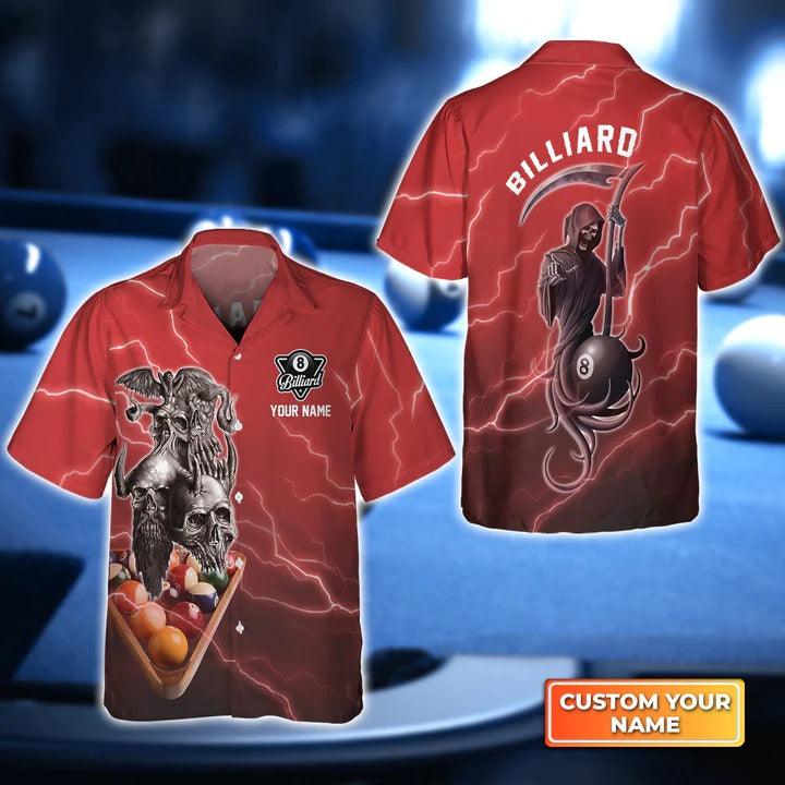 Customized Name Billiard Hawaiian Shirts, Pool 8 Ball Death In Red Lightning Personalized Aloha Shirts For Men - Gift For Billiard Lovers - Amzanimalsgift