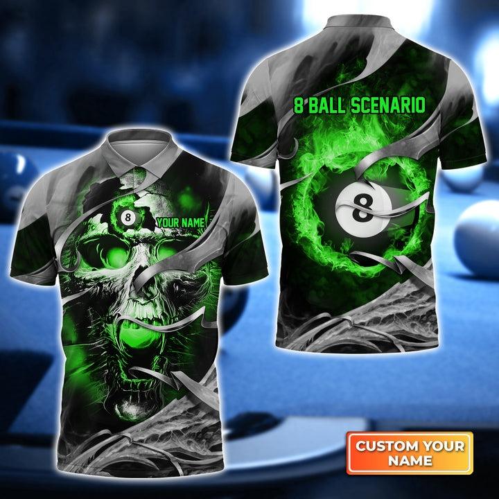 Customized Name Billiard Men Polo Shirt, Scenario Green Skull Reaper Personalized Polo Shirt - Gift For Billiard Players, Billiard Lovers - Amzanimalsgift