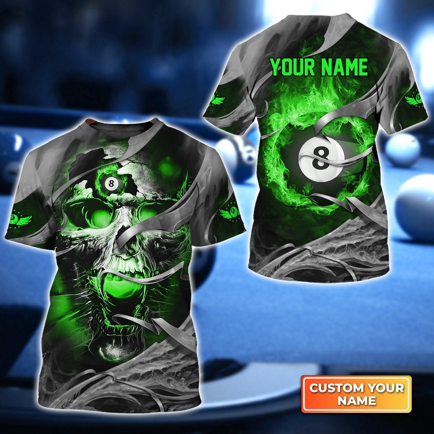 Customized Name Billiard T Shirt, Black And Green Skull With 8-Ball Billiards Game T Shirt For Men - Gift For Billiard Lovers, Billiard Players - Amzanimalsgift