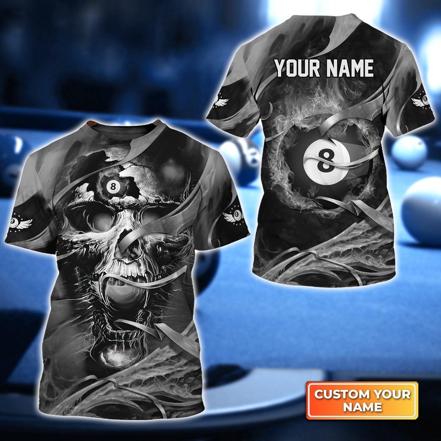 Customized Name Billiard T Shirt, Black And White Skull With 8-Ball Billiards Game T Shirt For Men - Gift For Billiard Lovers, Billiard Players - Amzanimalsgift