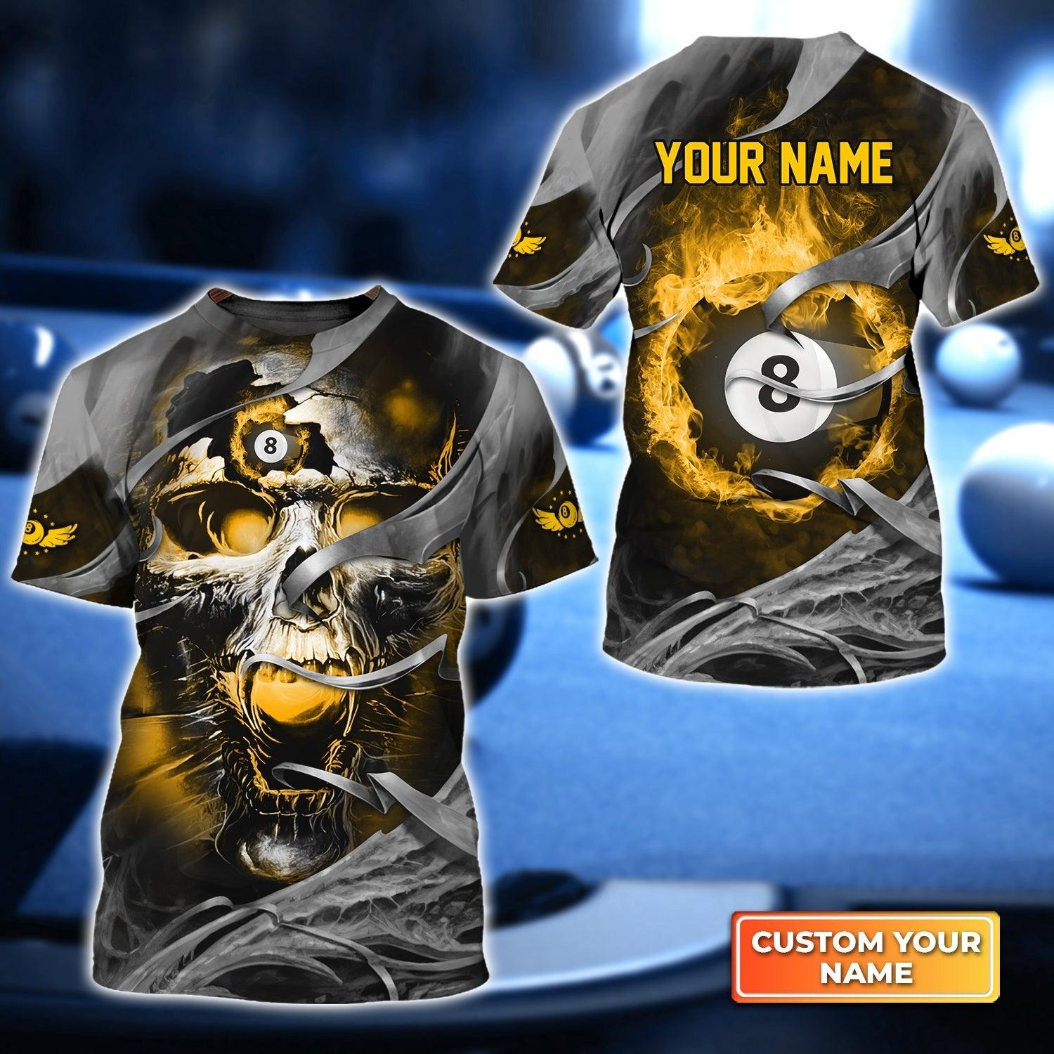 Customized Name Billiard T Shirt, Black And Yellow Fire Skull With 8-Ball Billiards Game T Shirt For Men - Gift For Billiard Lovers, Billiard Players - Amzanimalsgift