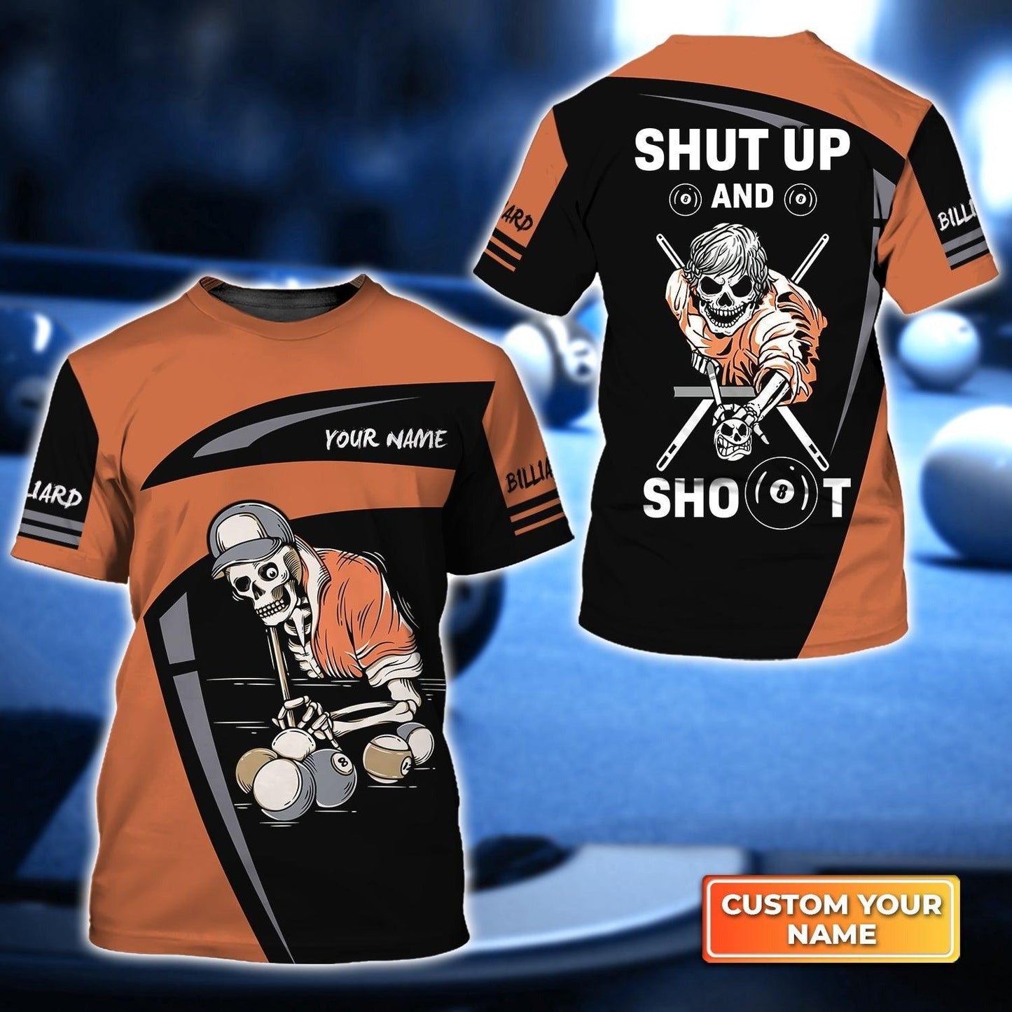 Customized Name Billiard T Shirt, Grim Reaper Play Billiard Shut Up And Shoot Billiard T Shirt For Men - Gift For Billiard Lovers, Billiard Players - Amzanimalsgift