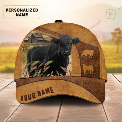 Customized Name Black Angus Cap, Personalized Cattle Farm Leather Pattern Hats For Friend, Family, Farmers, Black Angus Lovers