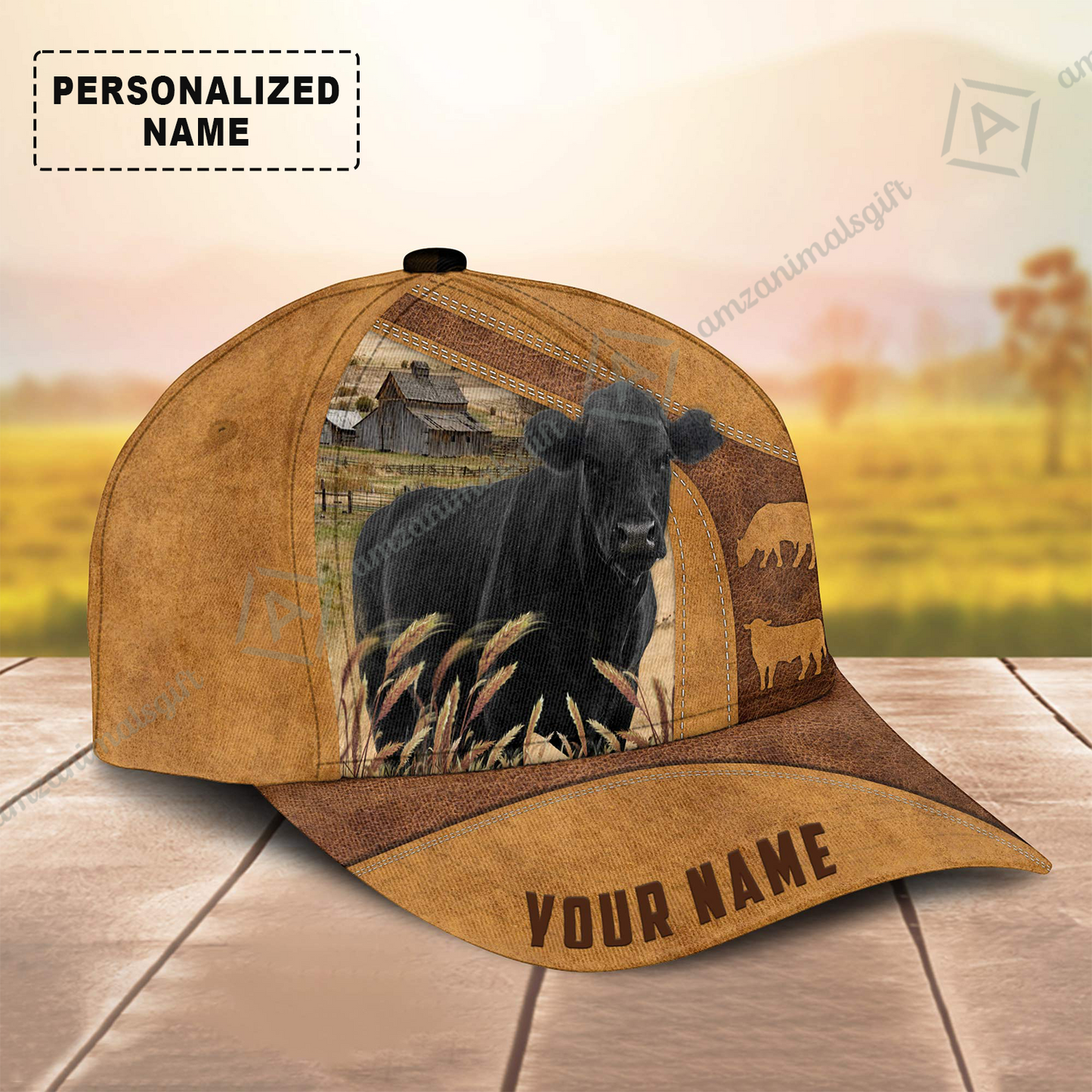 Customized Name Black Angus Cap, Personalized Cattle Farm Leather Pattern Hats For Friend, Family, Farmers, Black Angus Lovers