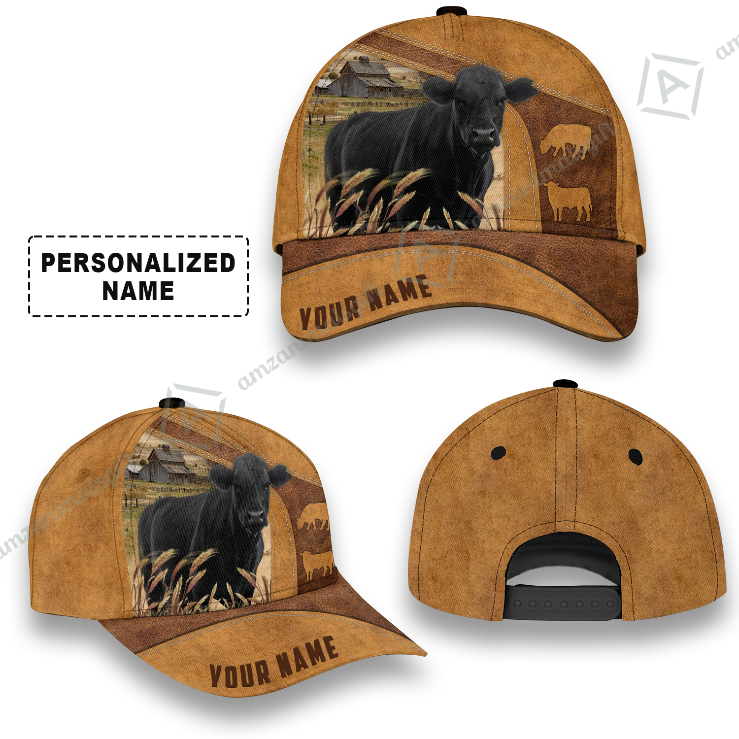 Personalized Name Black Angus Cap, Cattle Farm Brown Leather Pattern Custom Hats For Friend, Family, Farmers, Black Angus Lovers